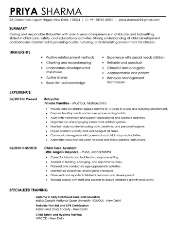 professional babysitter resume template ats