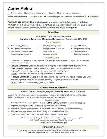 entry level digital marketing resume template ats