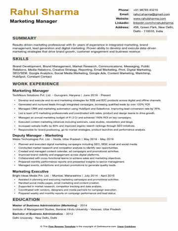 modern marketing manager resume template ats