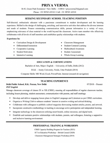 secondary school teacher resume template ats