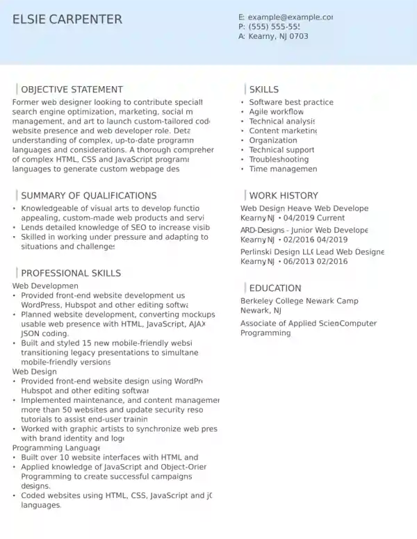 web developer resume template for freshers