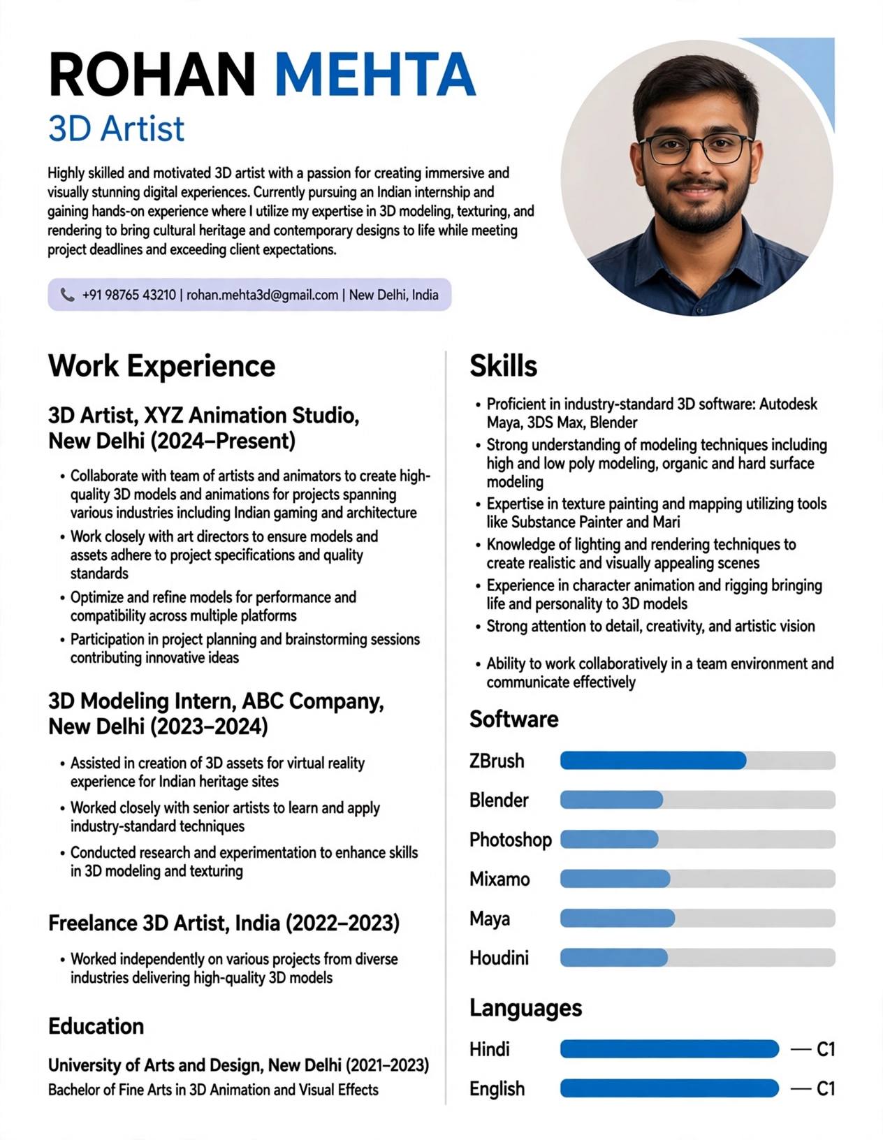 3d artist resume template india animation vfx fresher free download