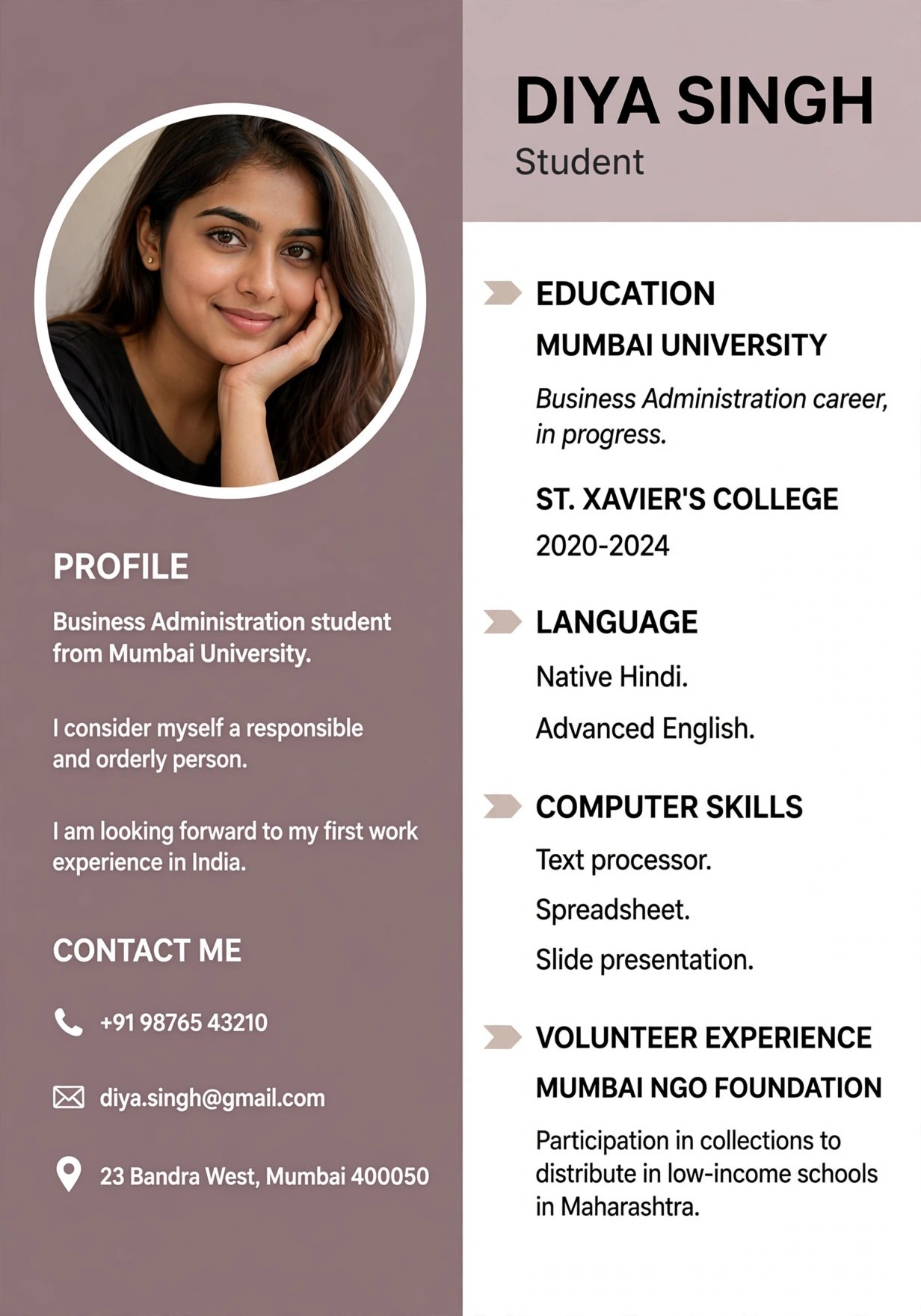 business administration female student resume template india mauve free download