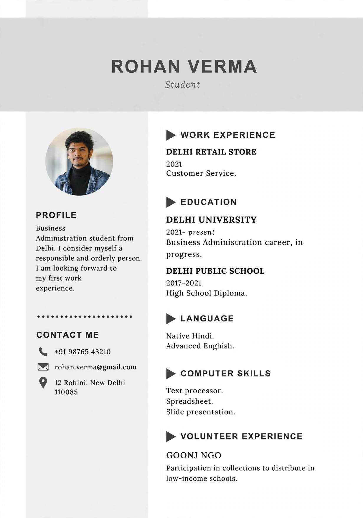 business administration student minimal grey resume template india fresher free download 