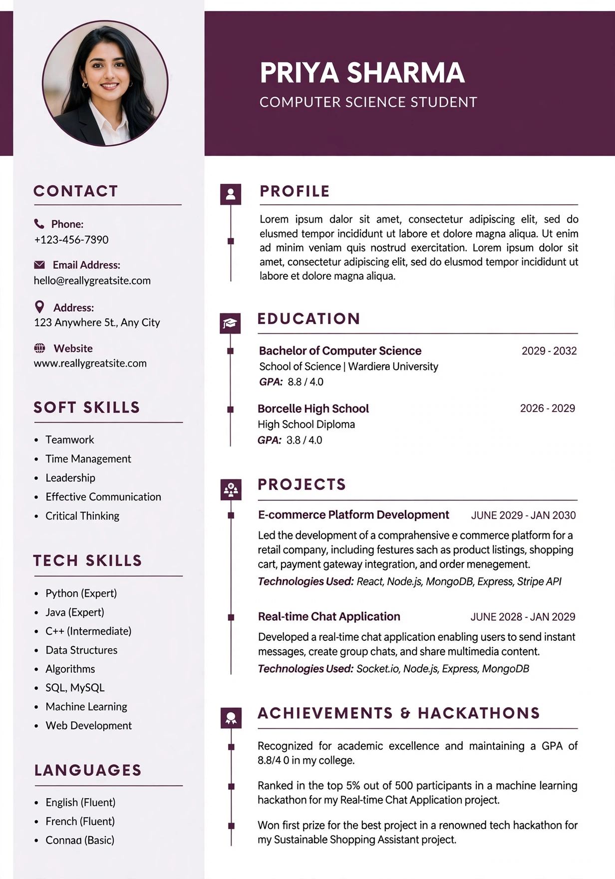computer science student resume template india cs fresher free download