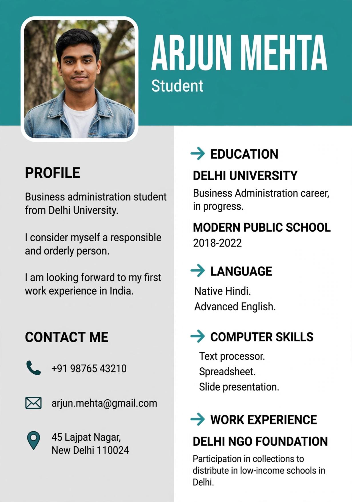 indian business administration student fresher resume template teal free download india