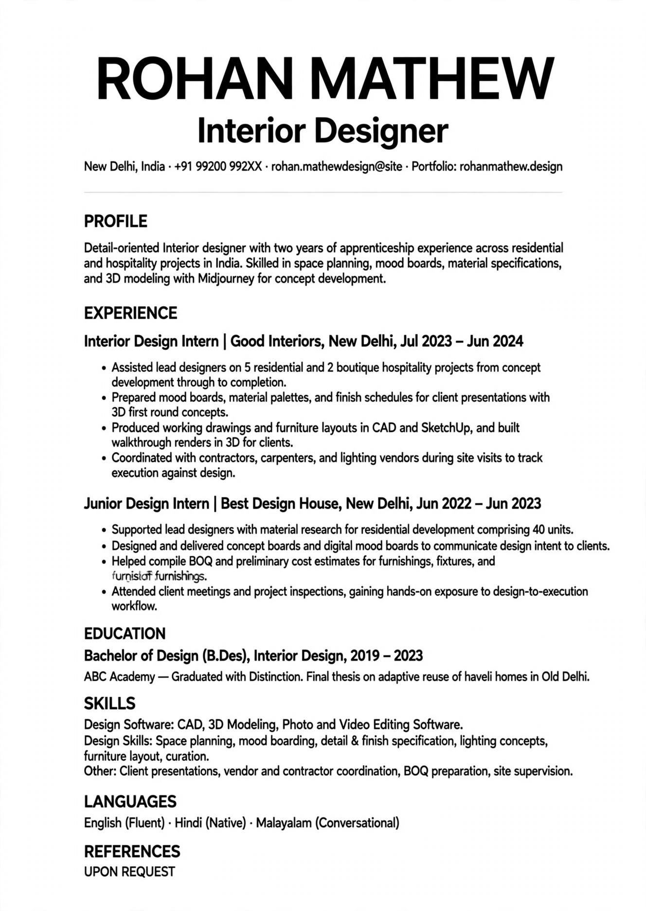 interior designer resume template india internship free download