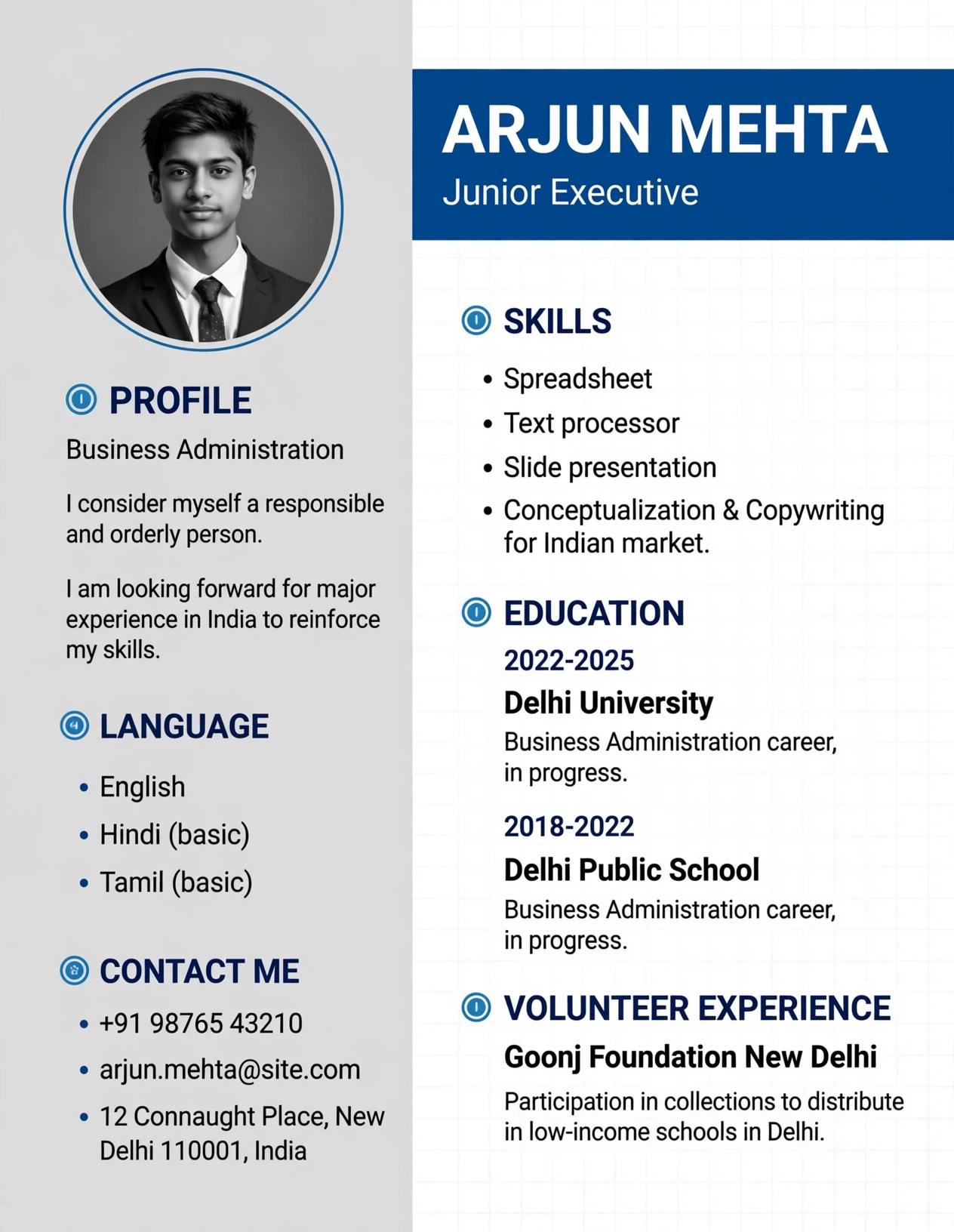 junior executive business admin resume template india fresher free download 2025