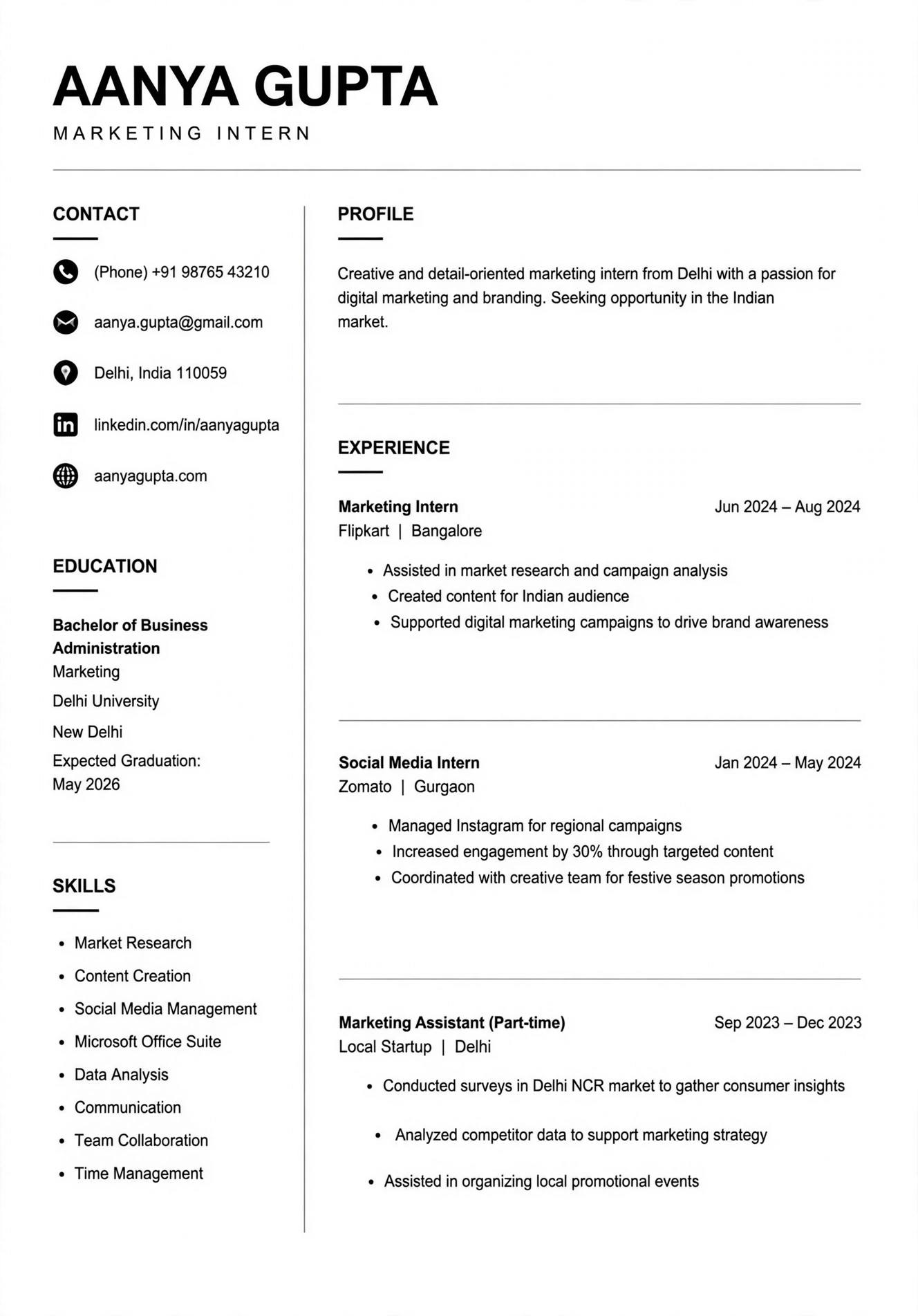 marketing intern resume template india fresher black white free download