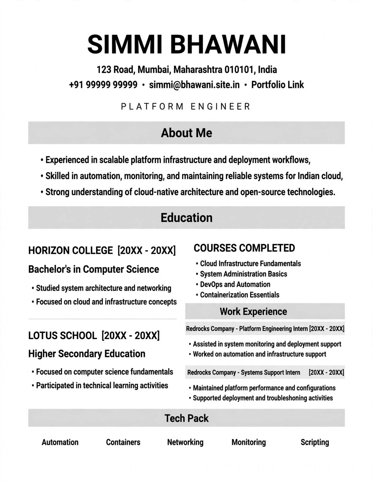 platform engineer devops cloud resume template india fresher free download