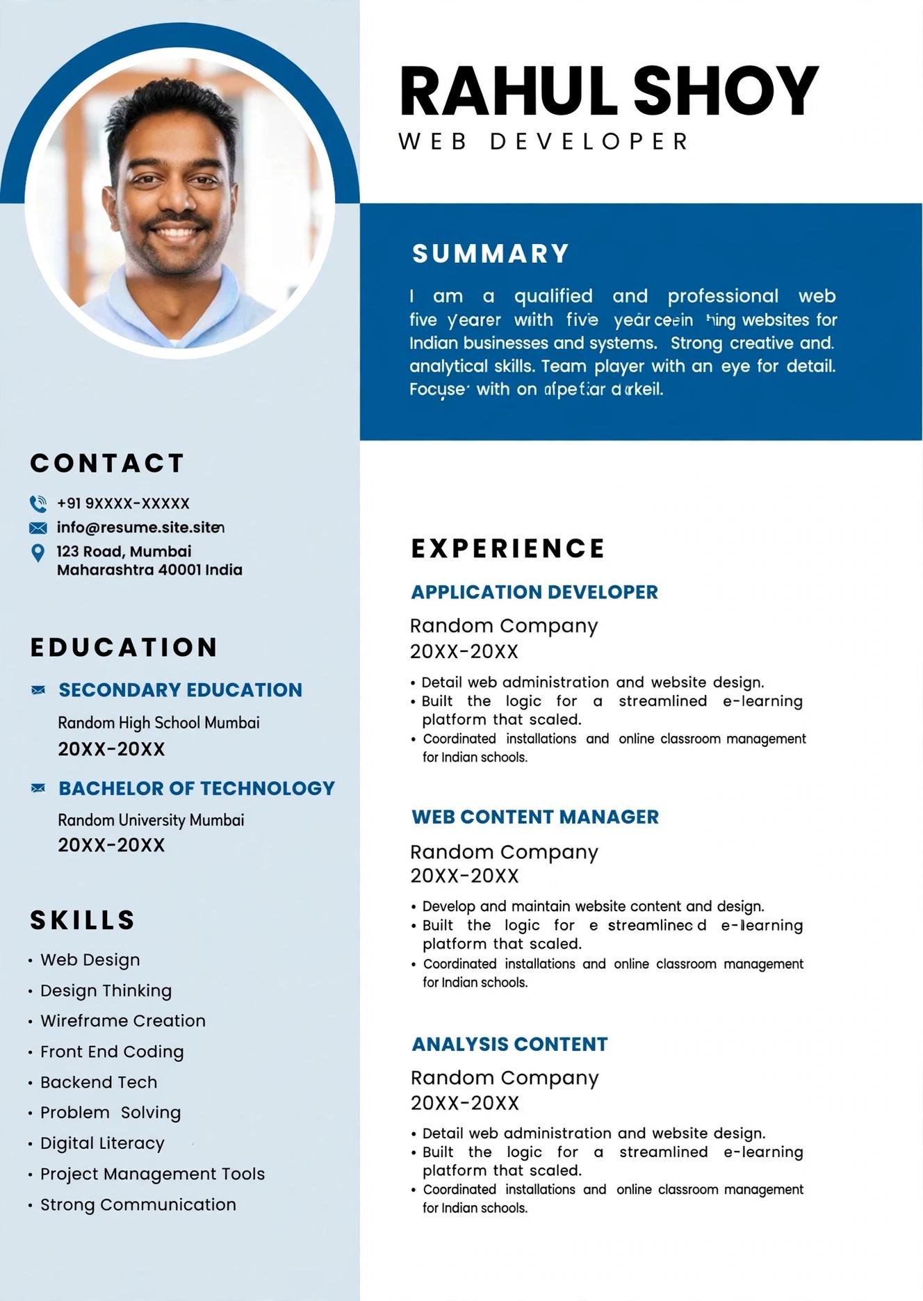 web developer full stack resume template india fresher free download