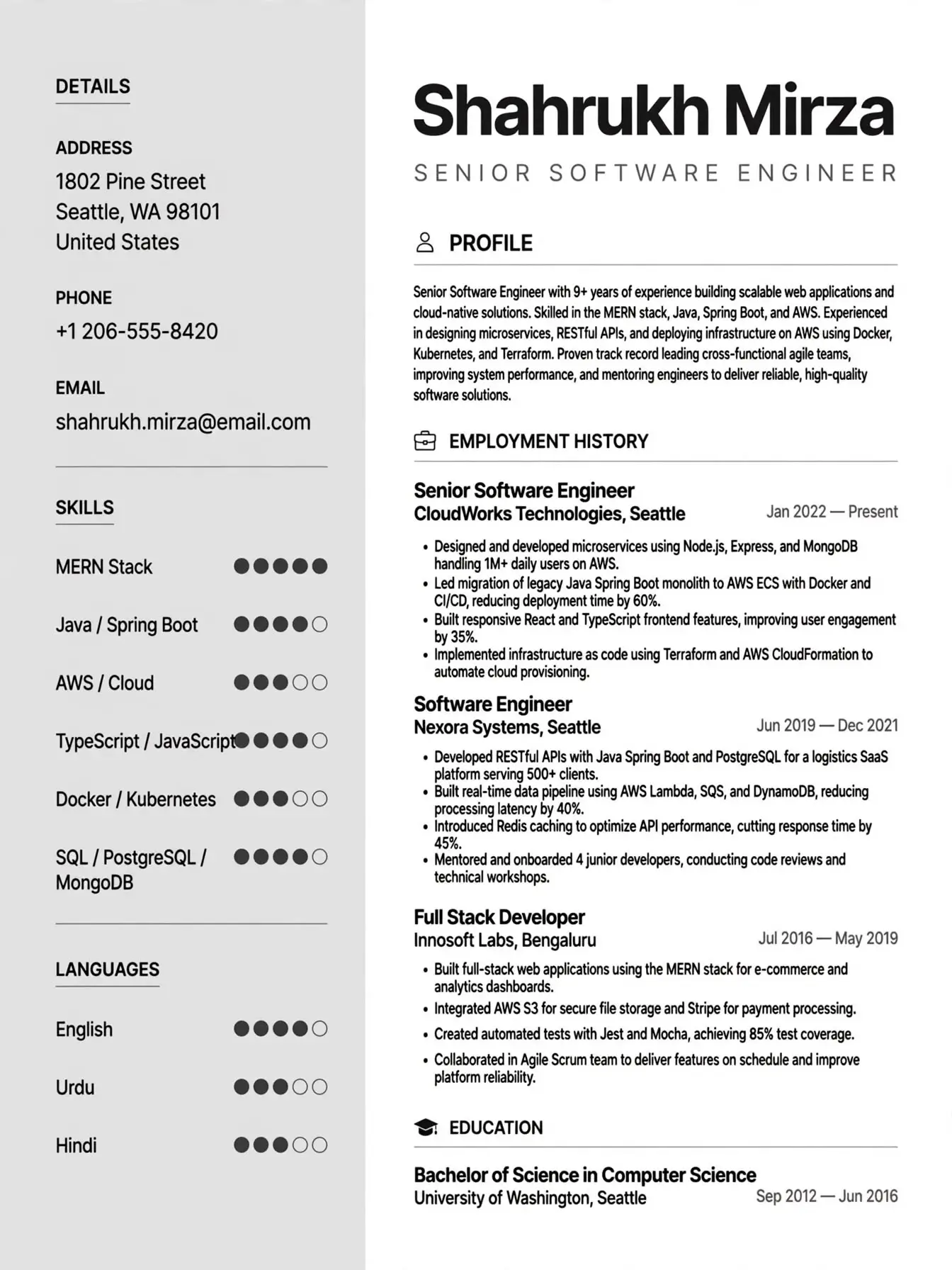 full stack developer resume template dot rating free