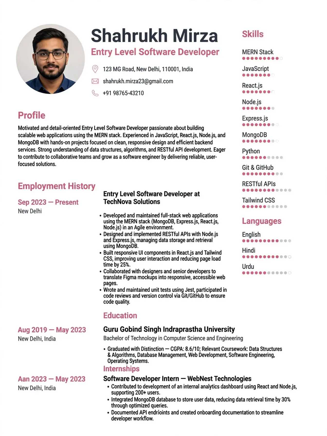 junior software developer resume template tag style free