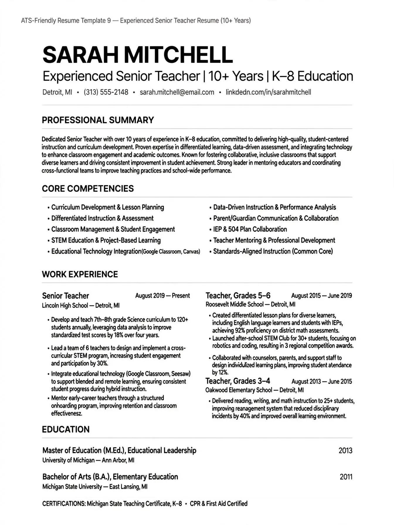 senior experienced teacher resume template free