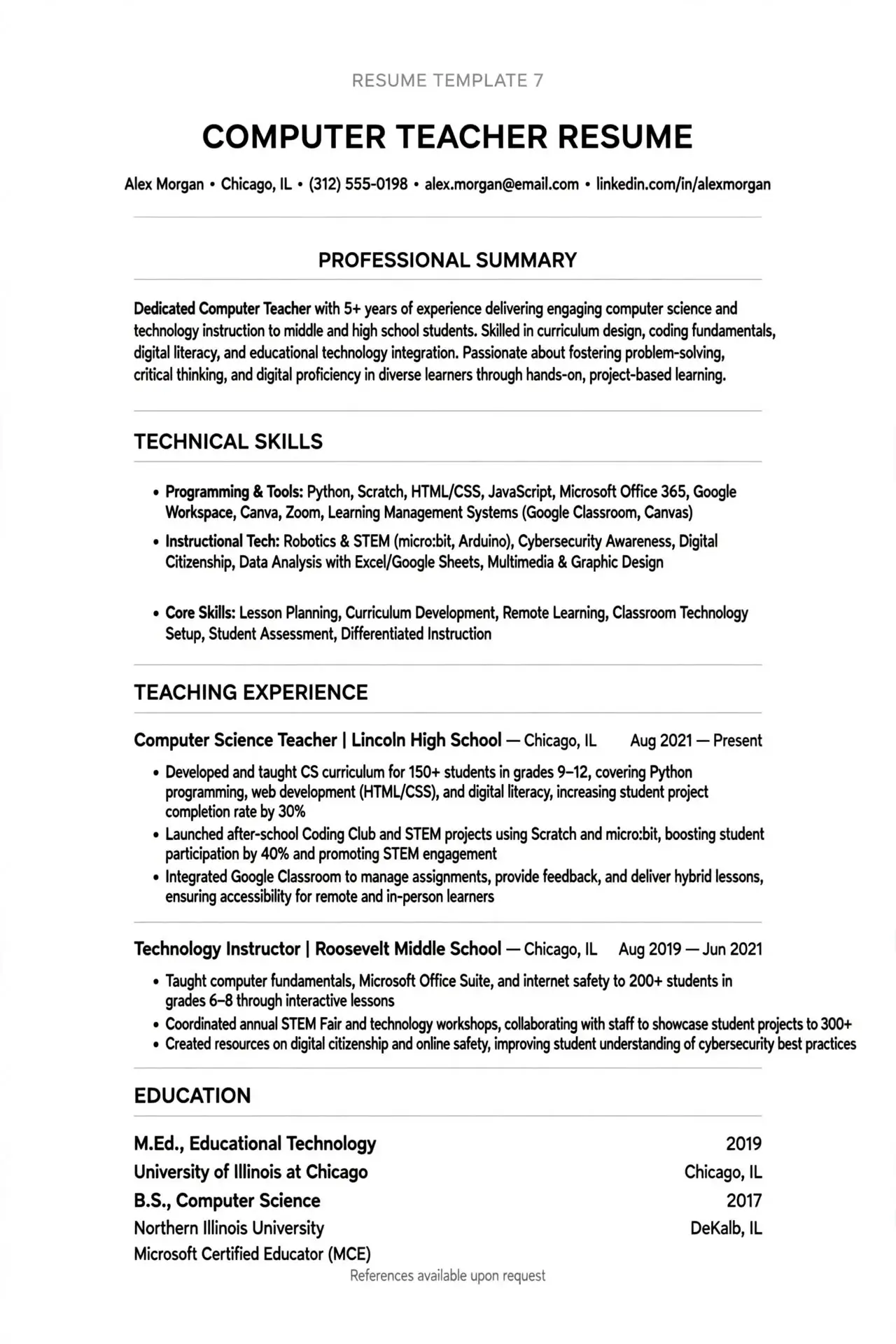 computer teacher resume template free download