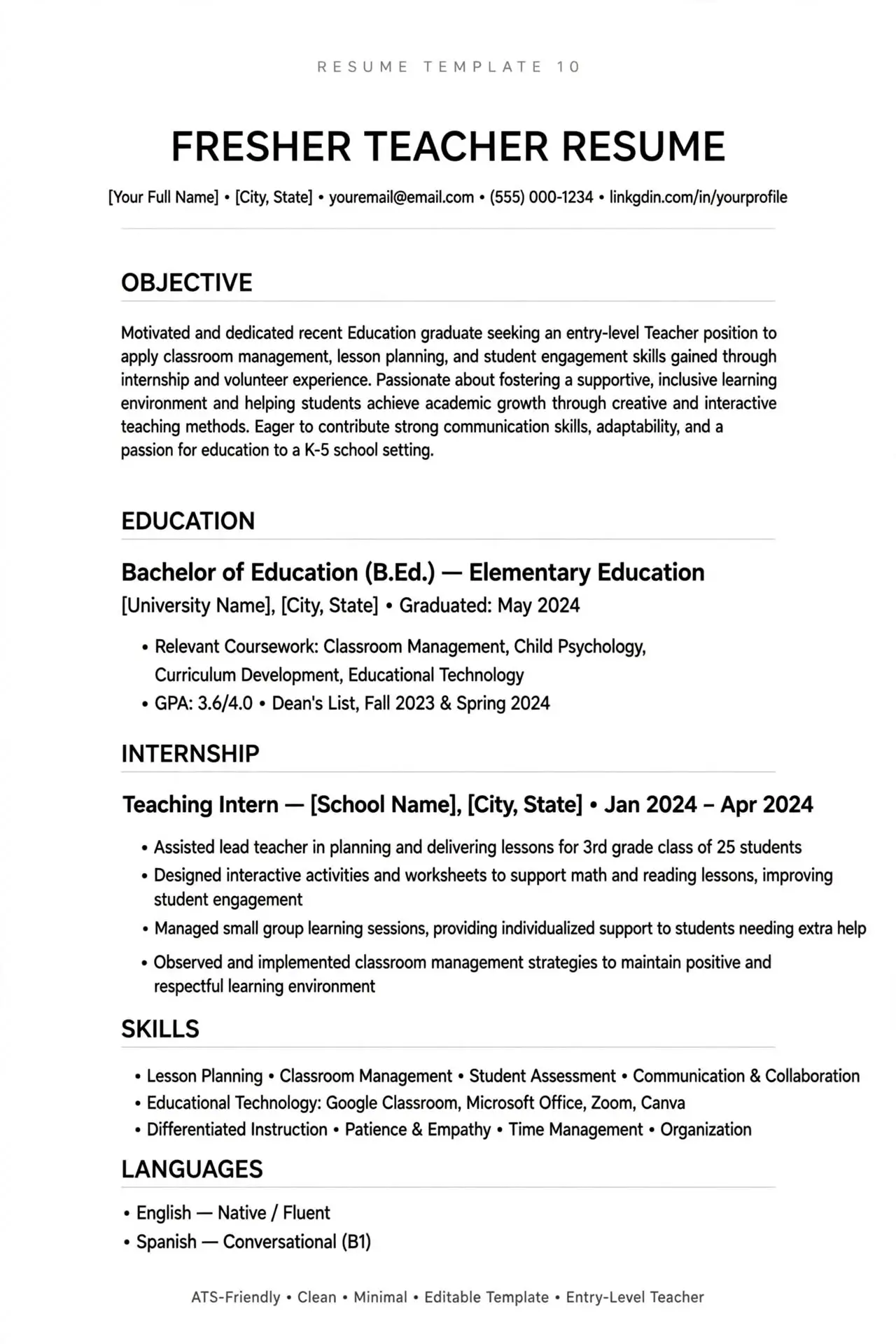 fresher teacher resume template free download
