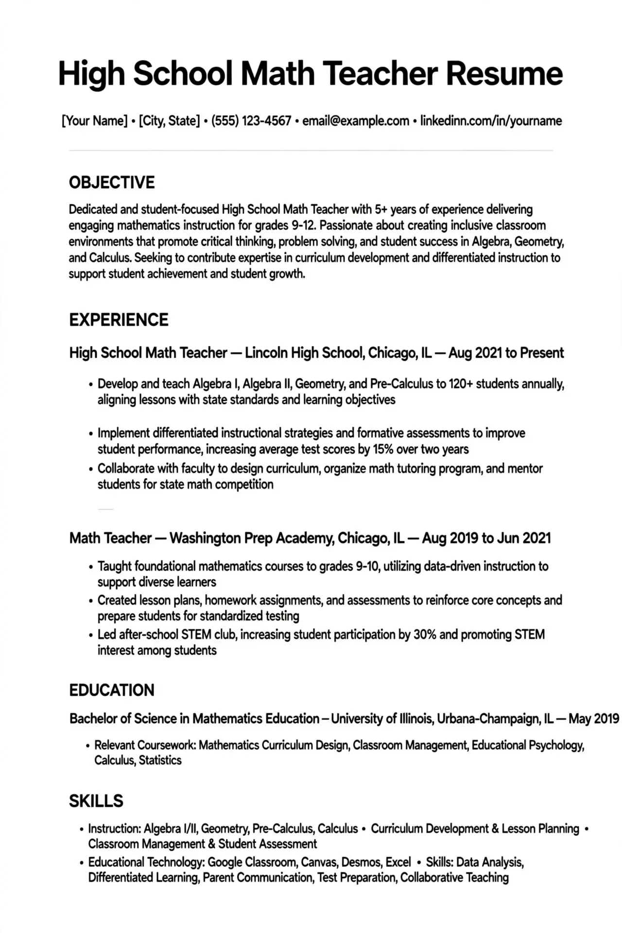 high school math teacher resume template free