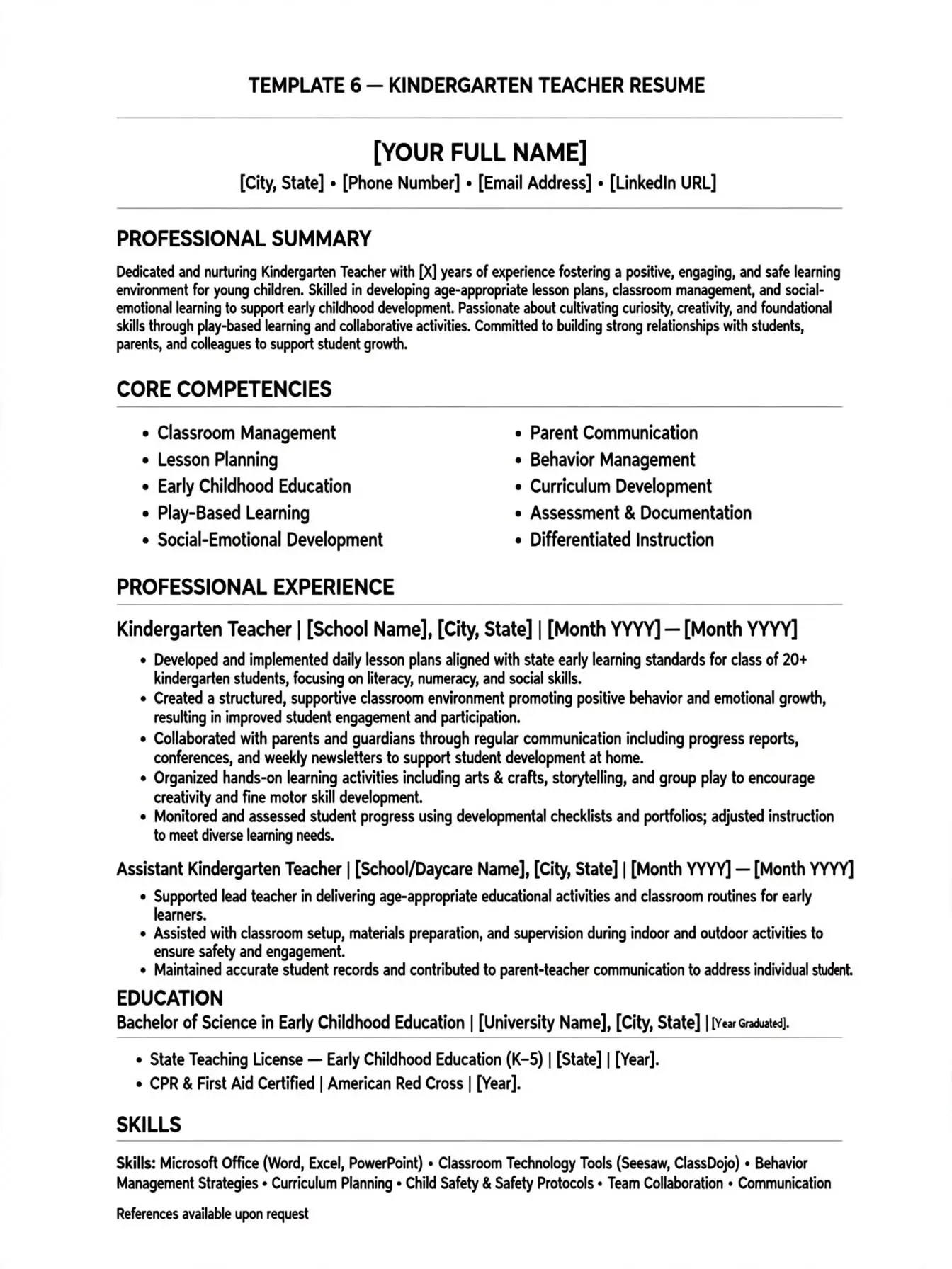 kindergarten teacher resume template free