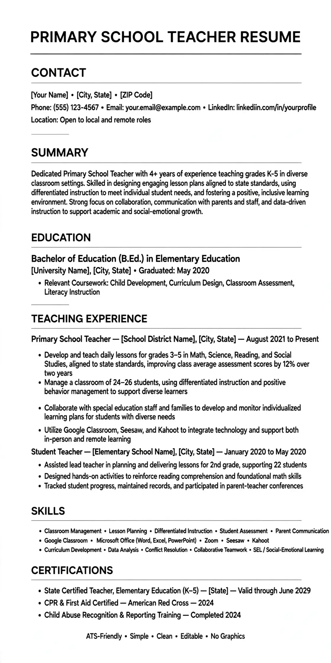 primary school teacher resume template free