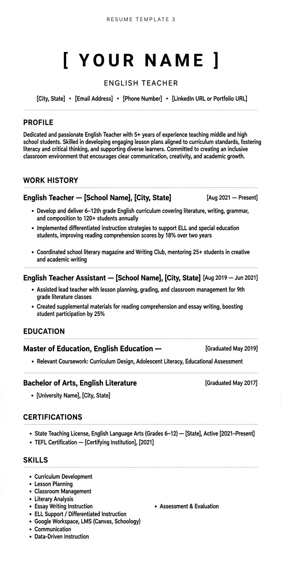 english teacher resume template free download