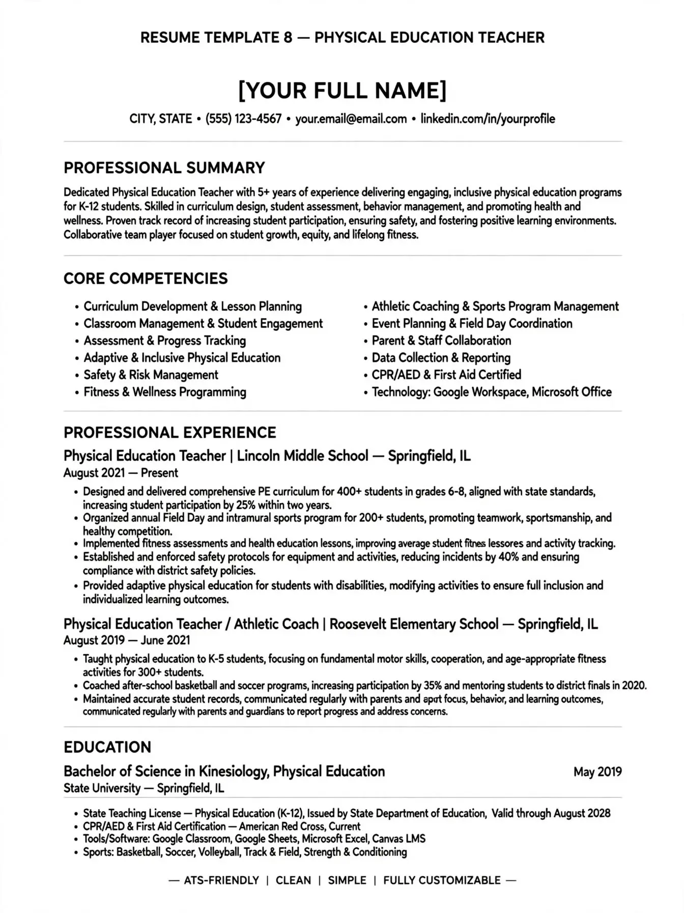 physical education teacher resume template free