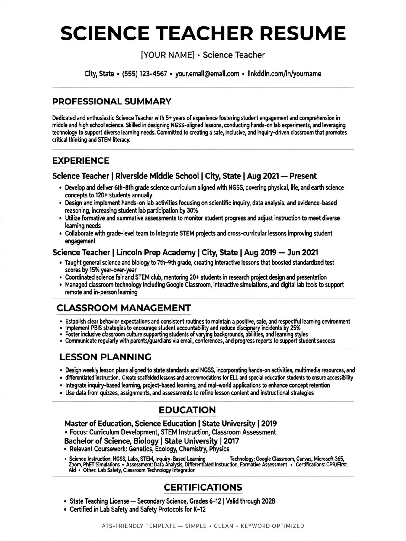 science teacher resume template free