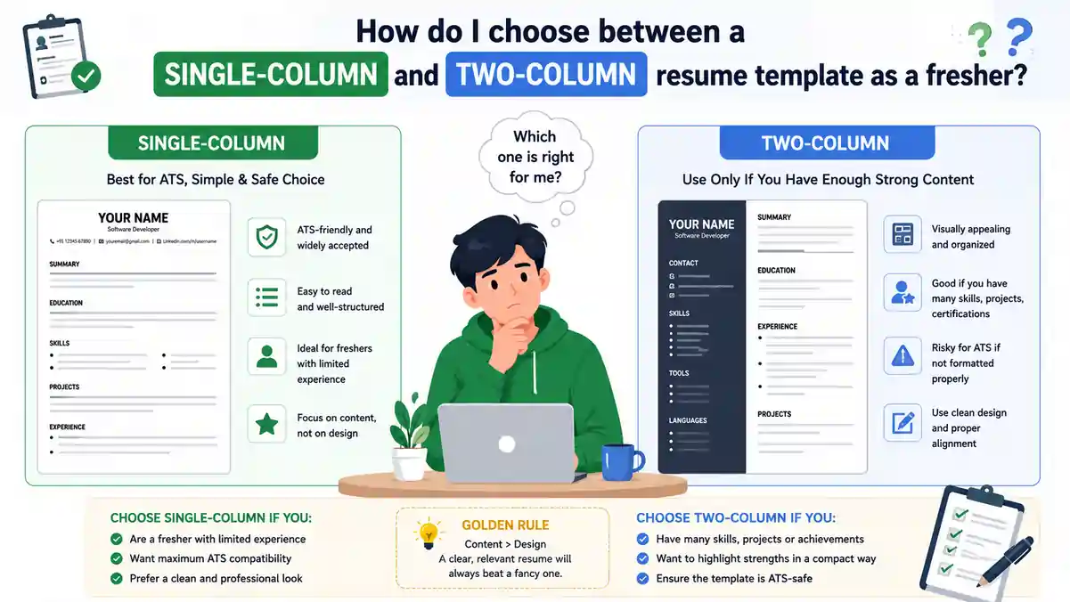 How do I choose between a single-column and two-column resume template as a fresher? (Hinglish Guide)
