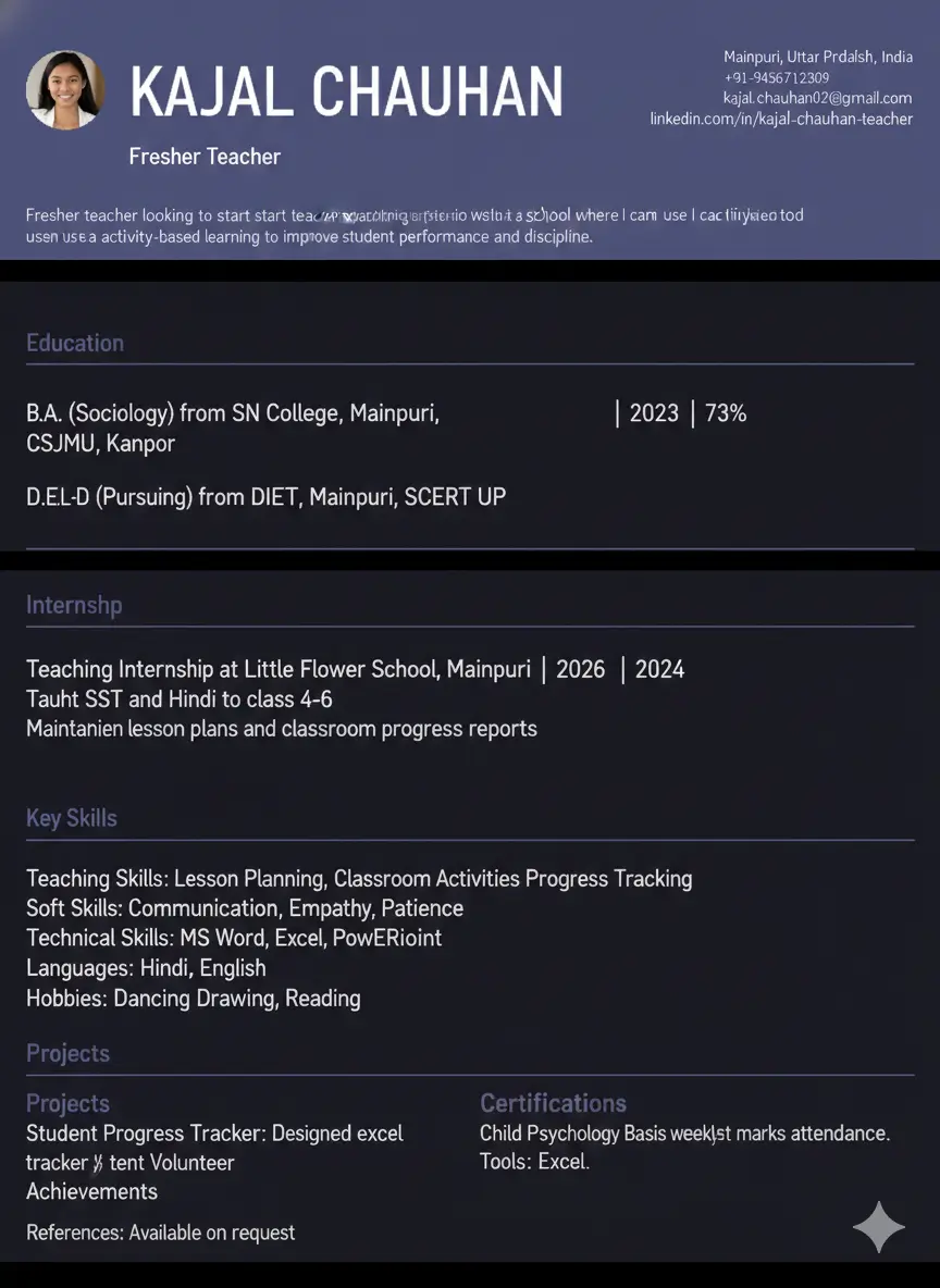 kajal-chauhans-fresher-resume-teacher