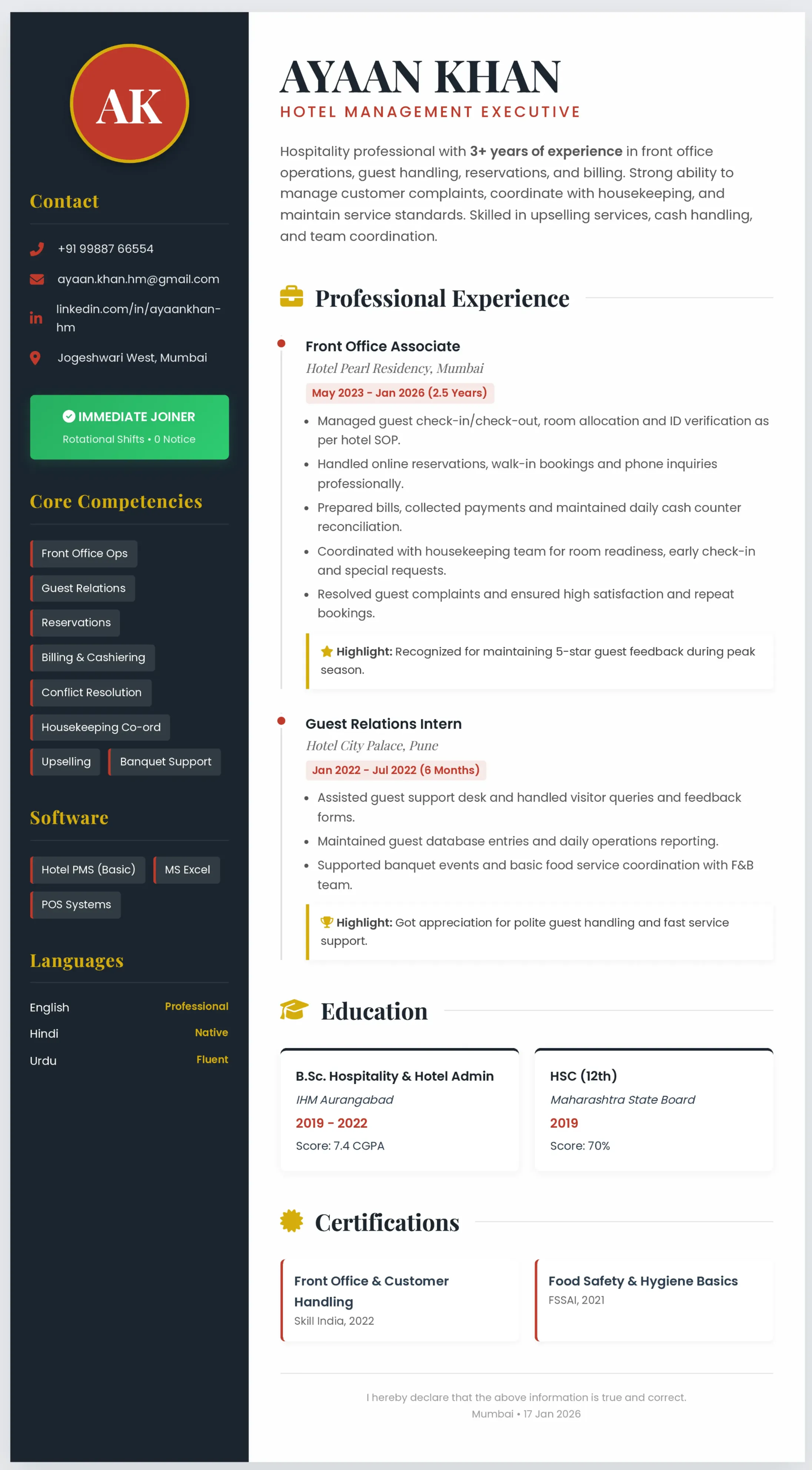 Hotel Management Resume Template 2