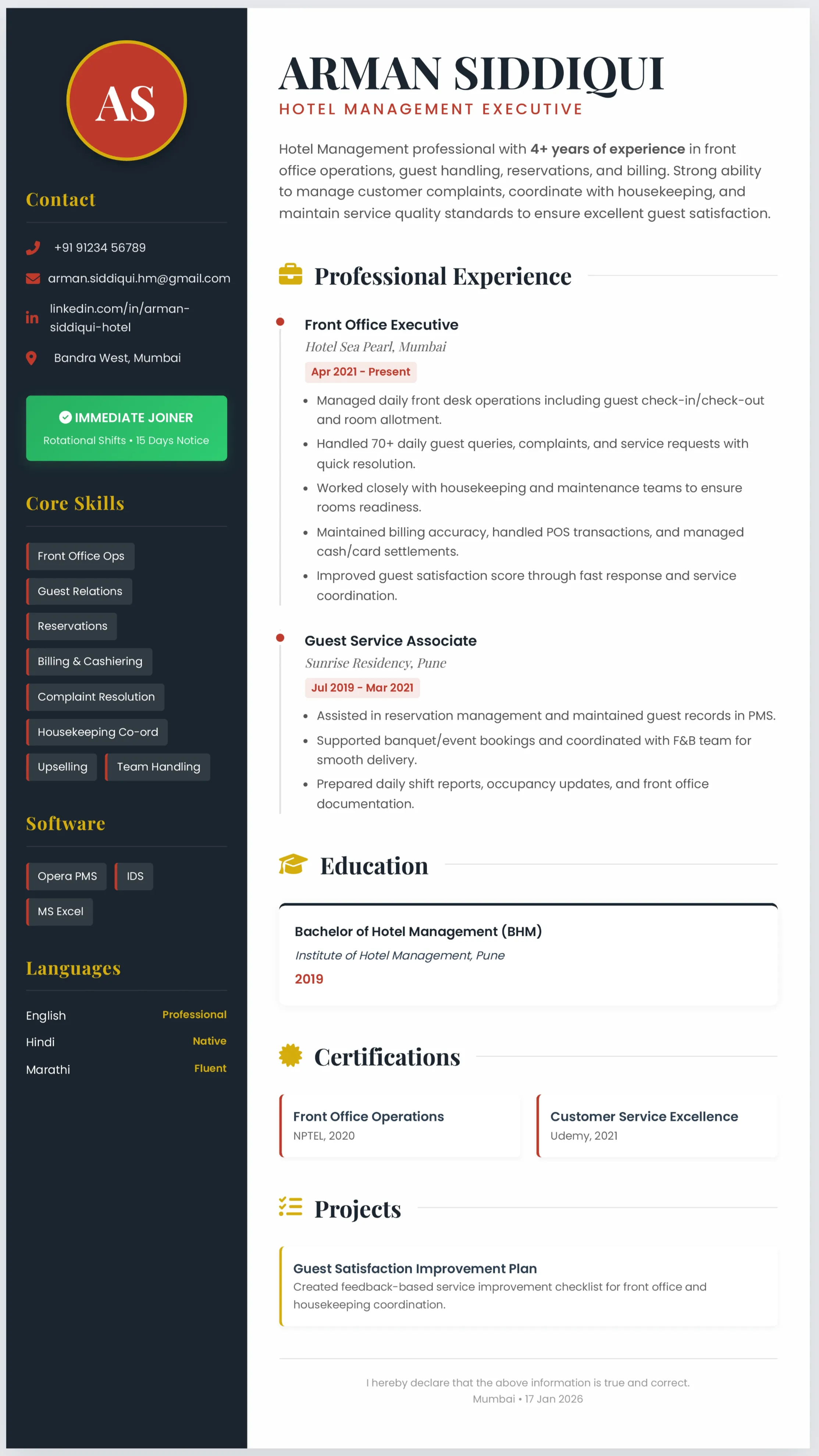 Hotel Management Resume Template 1