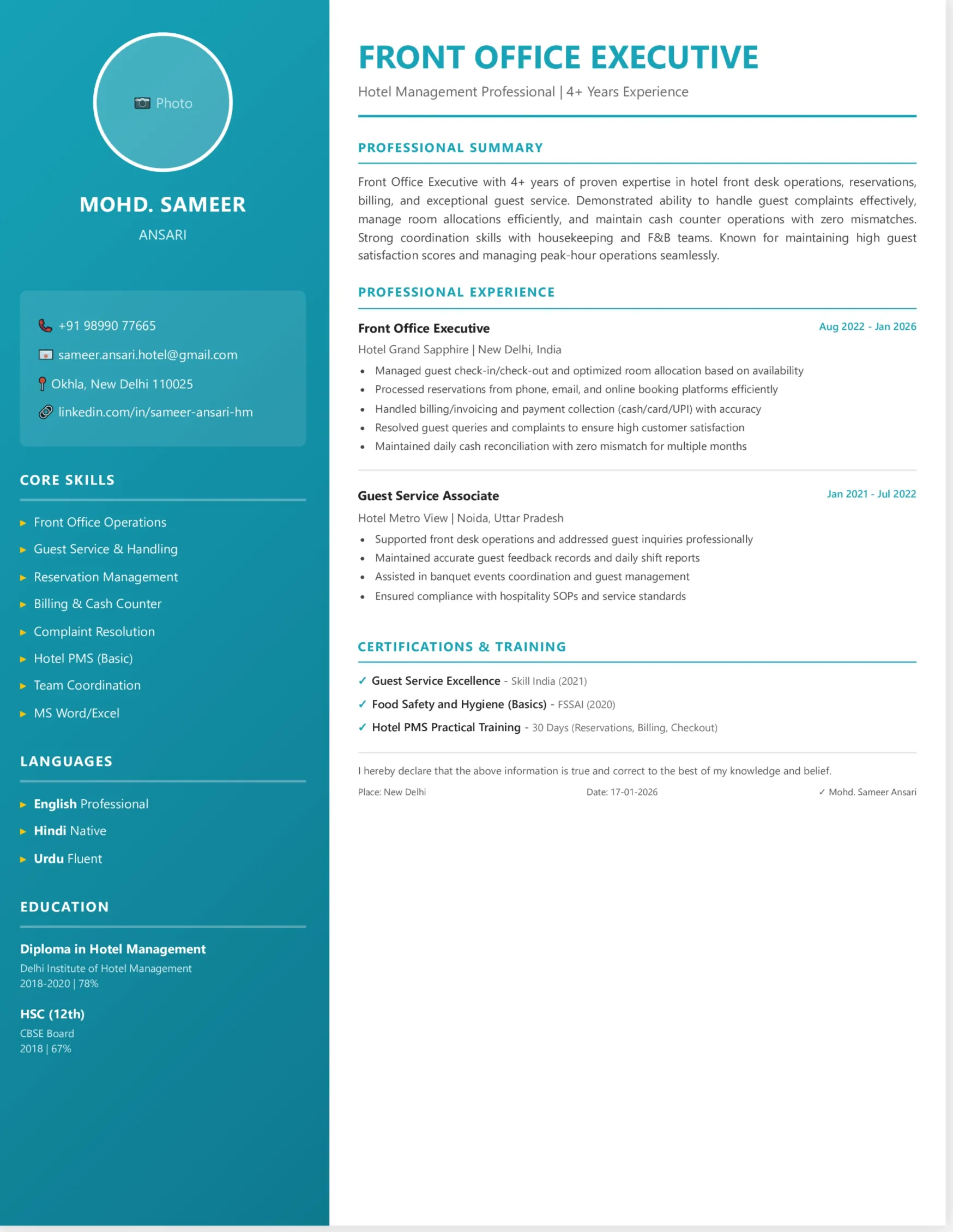 Hotel Management Resume Template 5