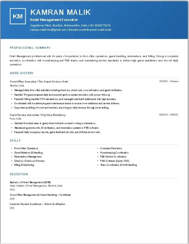 Hotel Management Resume Template 3