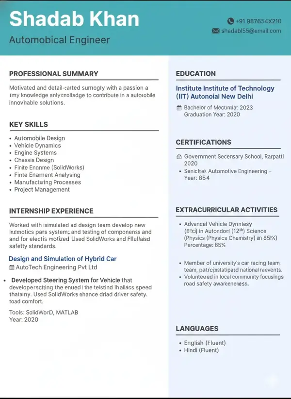 Shadab Khan Automobile Engineering Resume Format