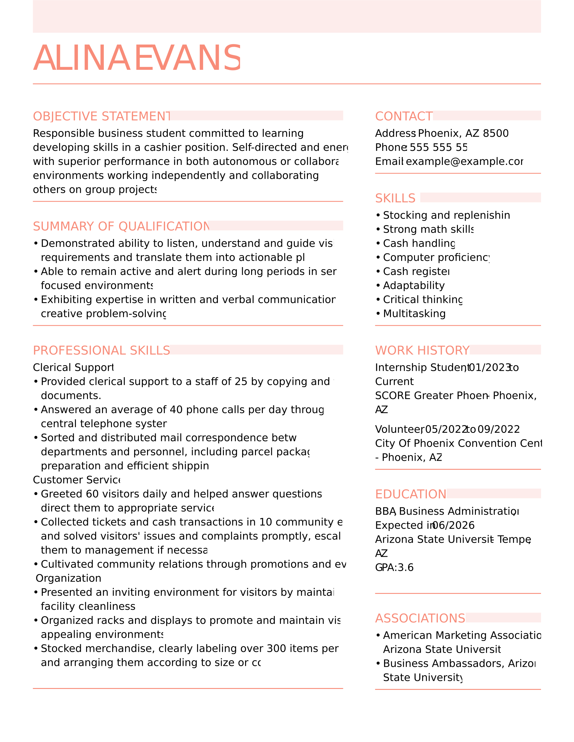 Professional cashier resume template example designed for beginners with no experience, featuring a clean, easy-to-read layout with clear sections for contact information, summary, skills, and education. The simple, ATS-friendly format emphasizes structure and readability for cashier job applications.
